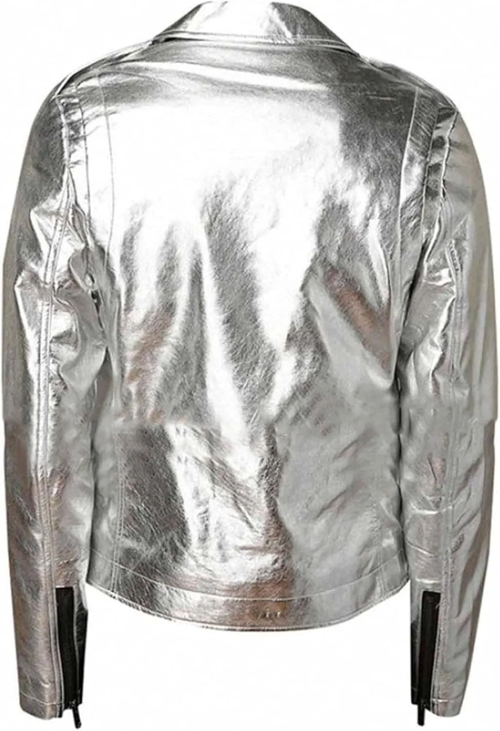 Men's Casual Wear Shiny Silver Motorcycle Jacket - Slim Fit Brando Biker Belted Leather Coat