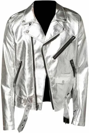 Men's Casual Wear Shiny Silver Motorcycle Jacket - Slim Fit Brando Biker Belted Leather Coat