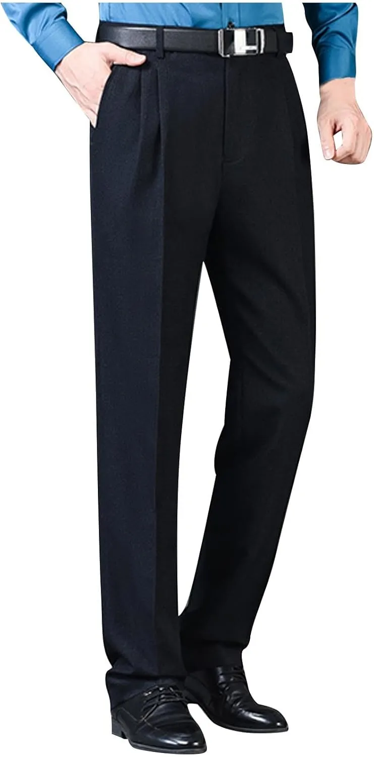Mens Classic Fit Dress Pants Flat Front Straight Leg Formal Wrinkle Free Expandable Waist Casual Business Suit Pants