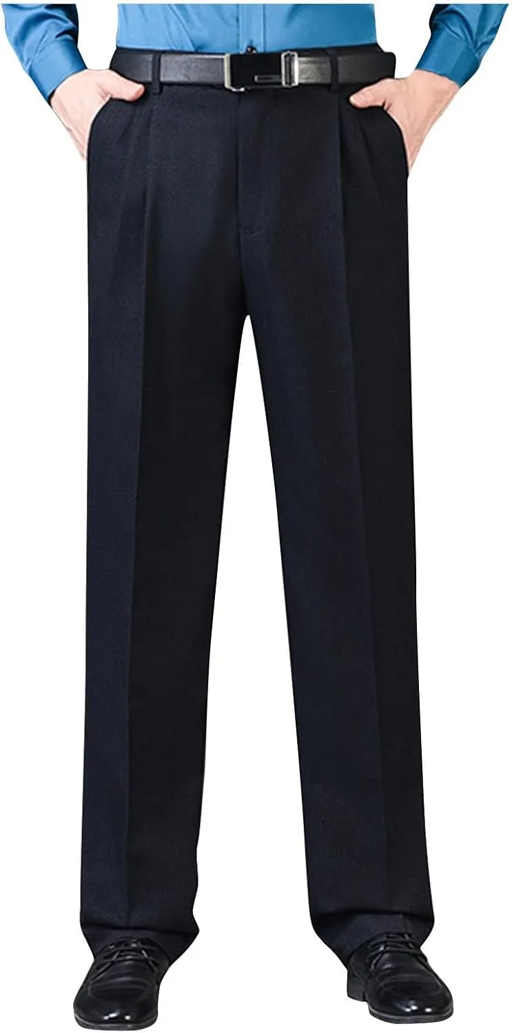 Mens Classic Fit Dress Pants Flat Front Straight Leg Formal Wrinkle Free Expandable Waist Casual Business Suit Pants