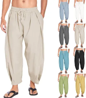 Men's Cotton Linen Drawstring Harem Pants Lightweight Loose Fit Casual Wear with Side Pockets for Beach Yoga