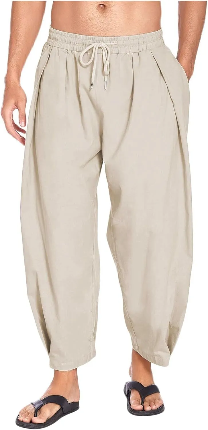 Men's Cotton Linen Drawstring Harem Pants Lightweight Loose Fit Casual Wear with Side Pockets for Beach Yoga