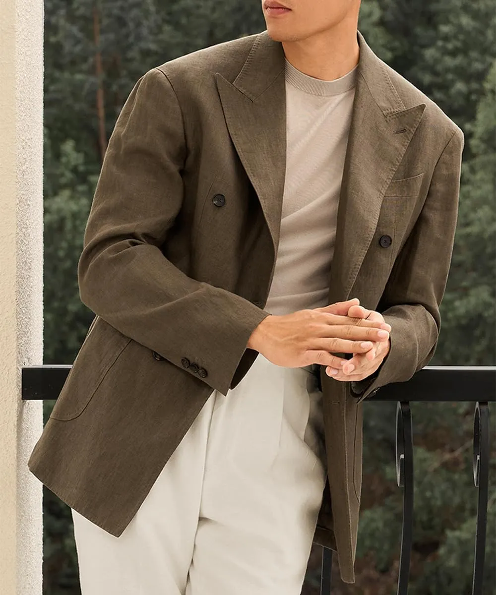 Mens Cotton Linen Suit Jacket Blazer Vintage Lightweight Casual Blazer Double Breasted