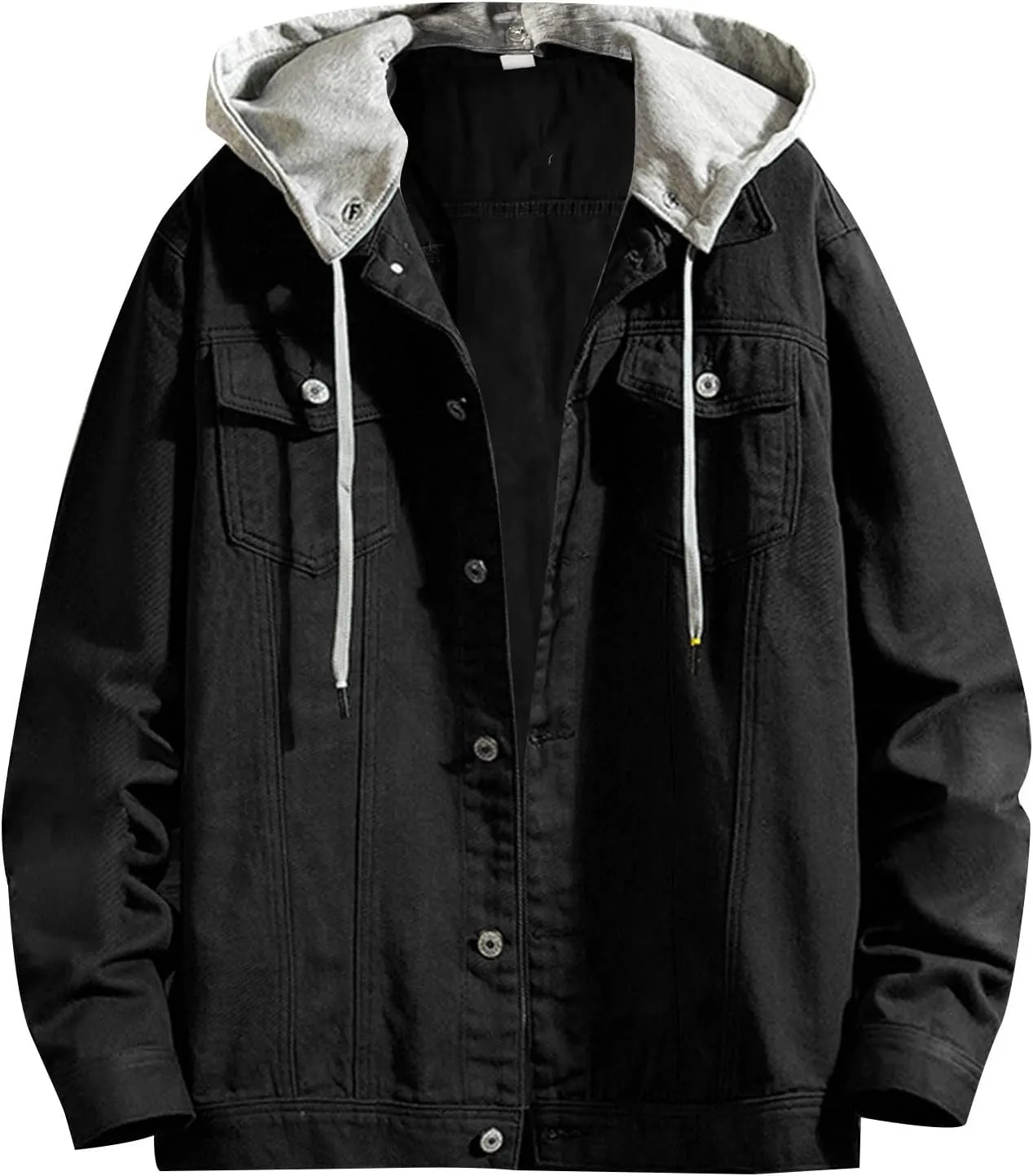Mens Denim Jacket Hooded Casual Button Down Denim Jacket Spring Fall Stylish Retro Cowboy Trucker Jean Coat