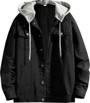 Mens Denim Jacket Hooded Casual Button Down Denim Jacket Spring Fall Stylish Retro Cowboy Trucker Jean Coat