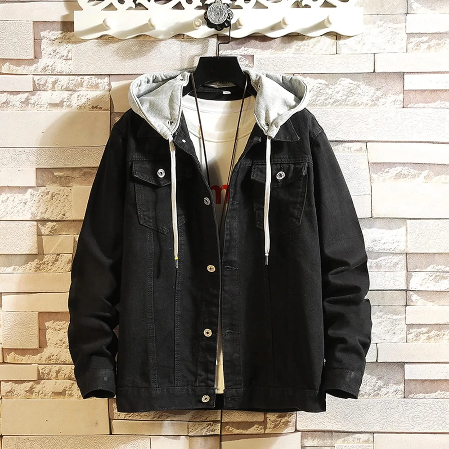 Mens Denim Jacket Hooded Casual Button Down Denim Jacket Spring Fall Stylish Retro Cowboy Trucker Jean Coat