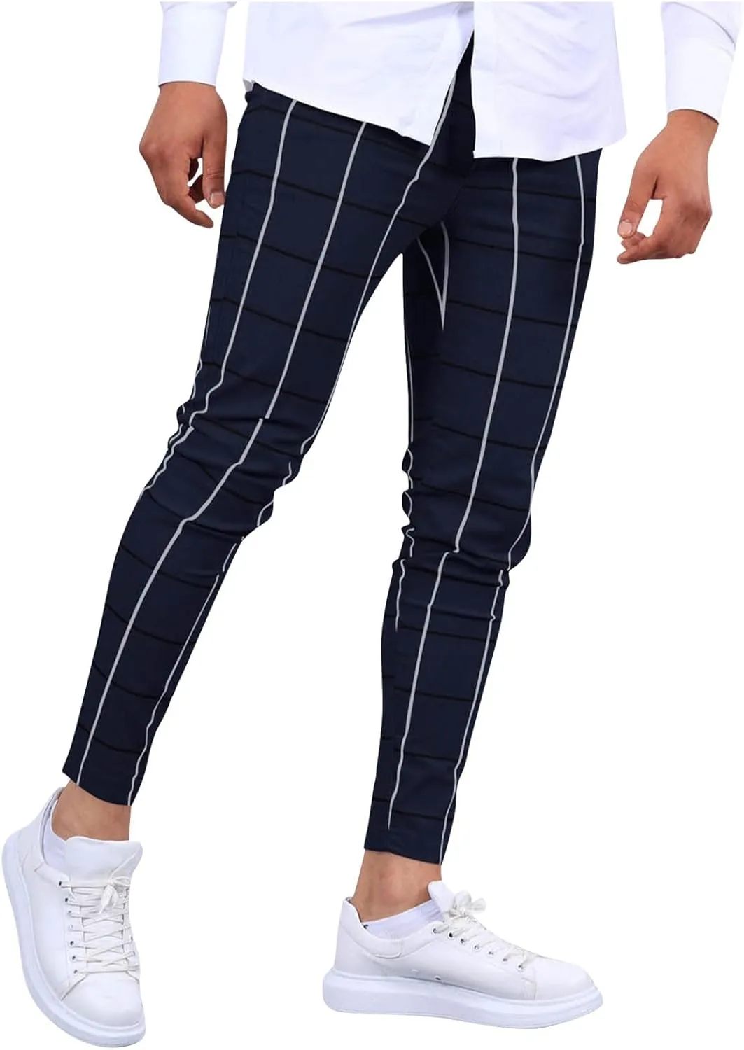 Mens Golf Pants Slim Fit Plaid Skinny Long Pants Casual Fashion Stretch Cotton Chino Pants with Pockets