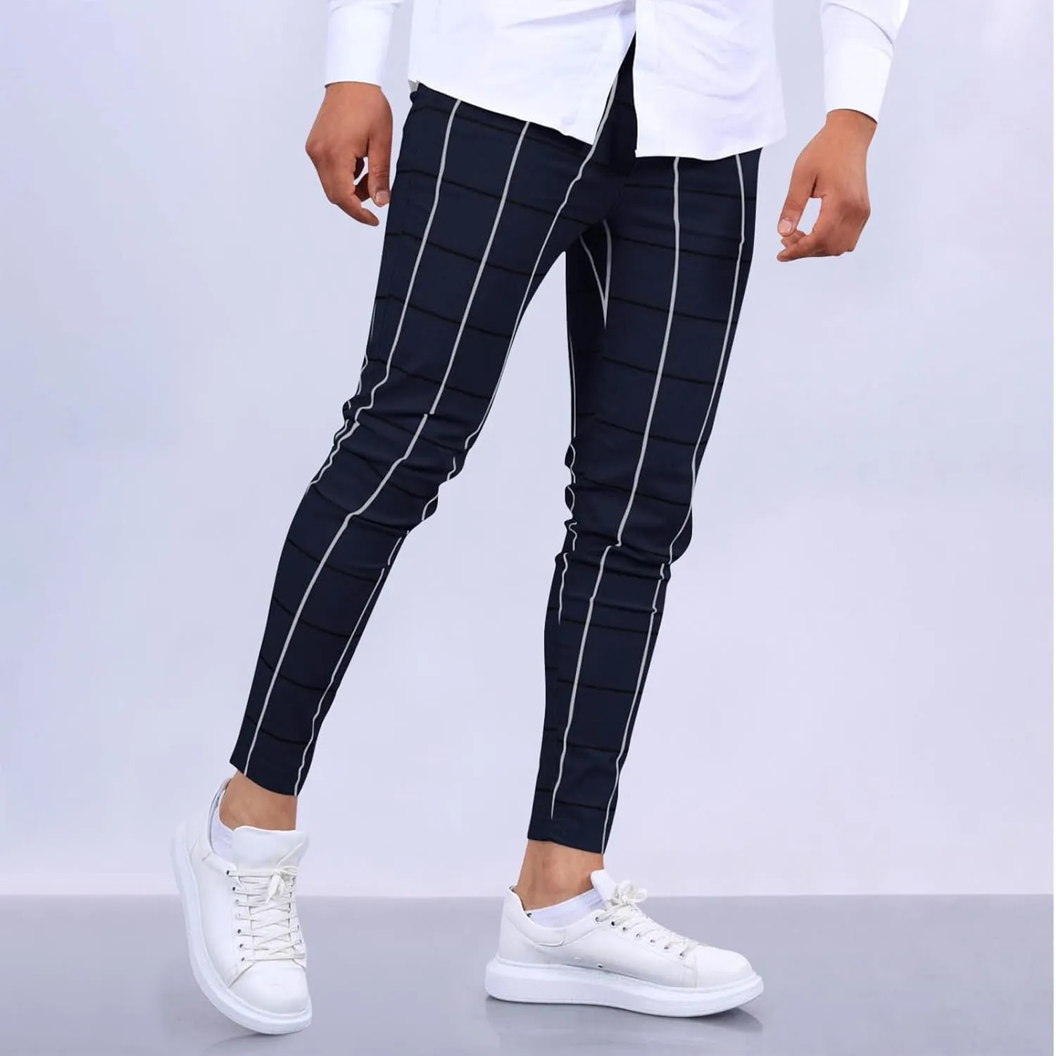 Mens Golf Pants Slim Fit Plaid Skinny Long Pants Casual Fashion Stretch Cotton Chino Pants with Pockets