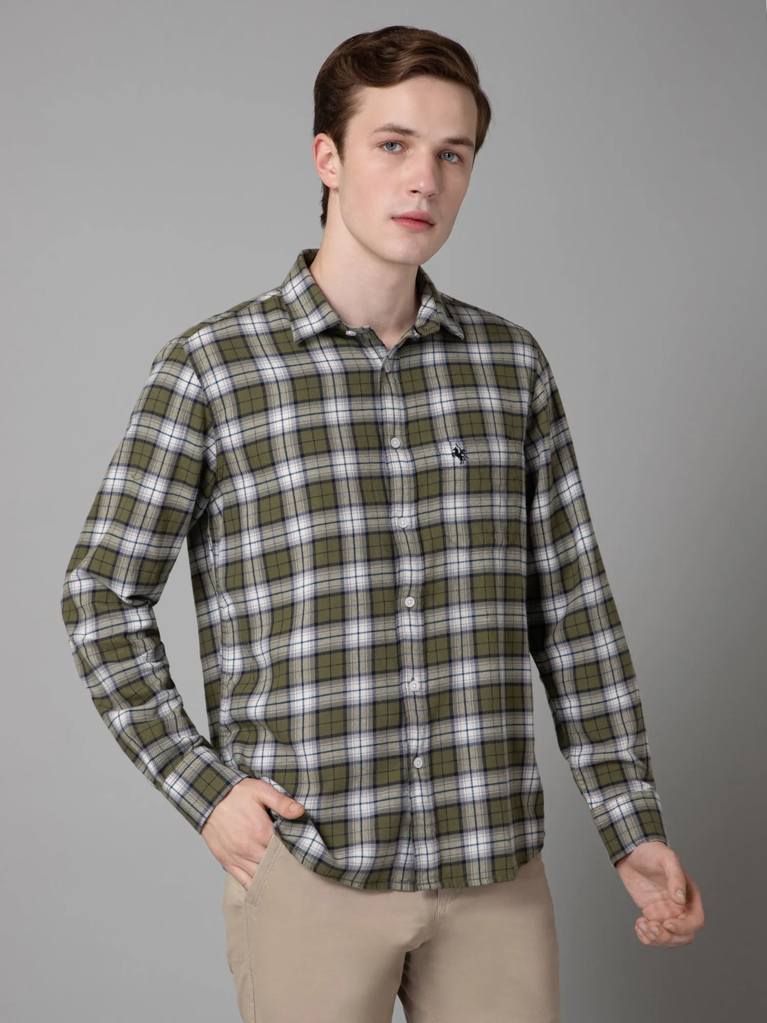 Men's Green Casual Brushed Medium Checks Full Sleeve Shirt