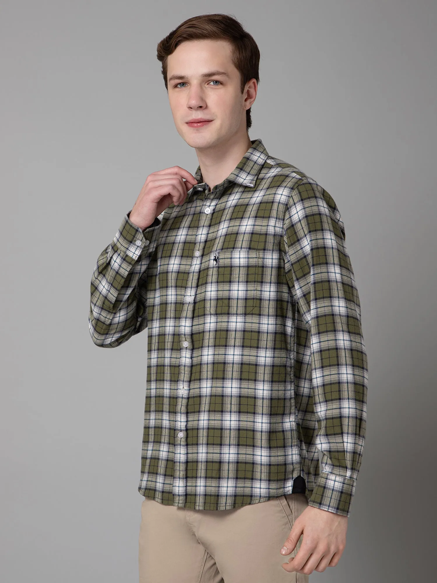 Men's Green Casual Brushed Medium Checks Full Sleeve Shirt