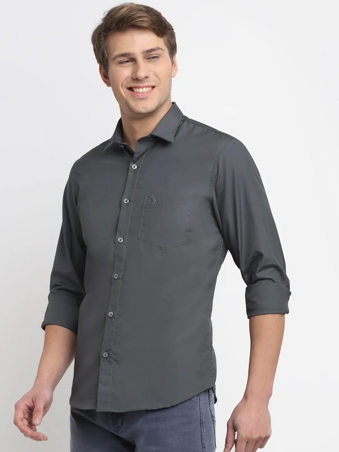 Men's Grey Casual Plain Full Sleeve Shirt