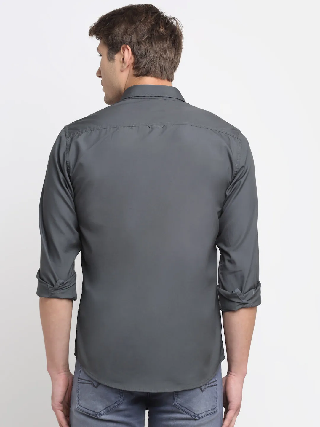 Men's Grey Casual Plain Full Sleeve Shirt