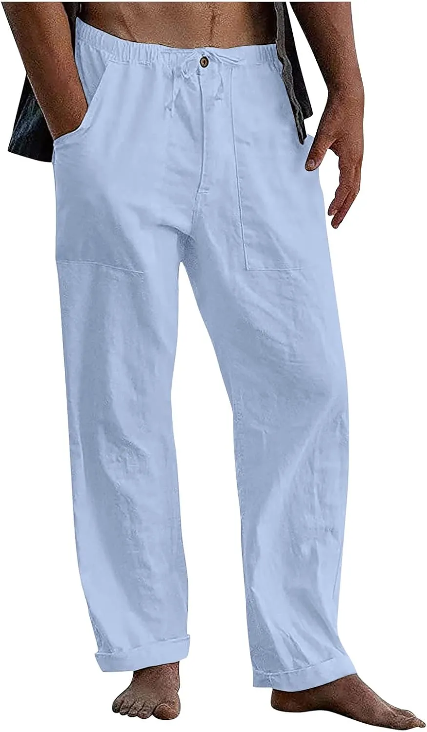 Mens Jogging Pants Men Dress Pants Loose Casual Solid Color Cotton Linen Trousers Elastic Tie Printed Straight Pants