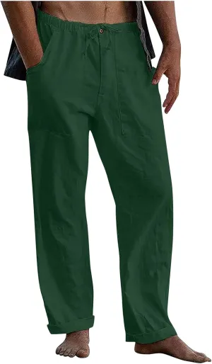 Mens Jogging Pants Men Dress Pants Loose Casual Solid Color Cotton Linen Trousers Elastic Tie Printed Straight Pants