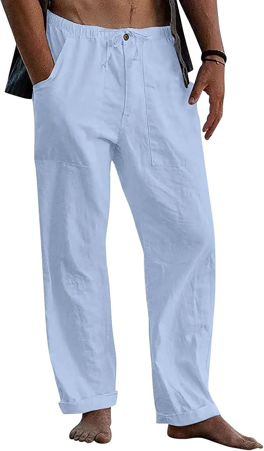Mens Jogging Pants Men Dress Pants Loose Casual Solid Color Cotton Linen Trousers Elastic Tie Printed Straight Pants