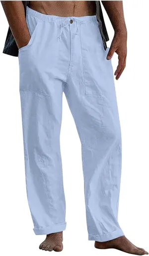 Mens Jogging Pants Men Dress Pants Loose Casual Solid Color Cotton Linen Trousers Elastic Tie Printed Straight Pants