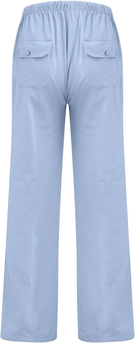 Mens Jogging Pants Men Dress Pants Loose Casual Solid Color Cotton Linen Trousers Elastic Tie Printed Straight Pants