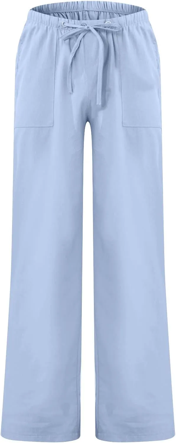Mens Jogging Pants Men Dress Pants Loose Casual Solid Color Cotton Linen Trousers Elastic Tie Printed Straight Pants