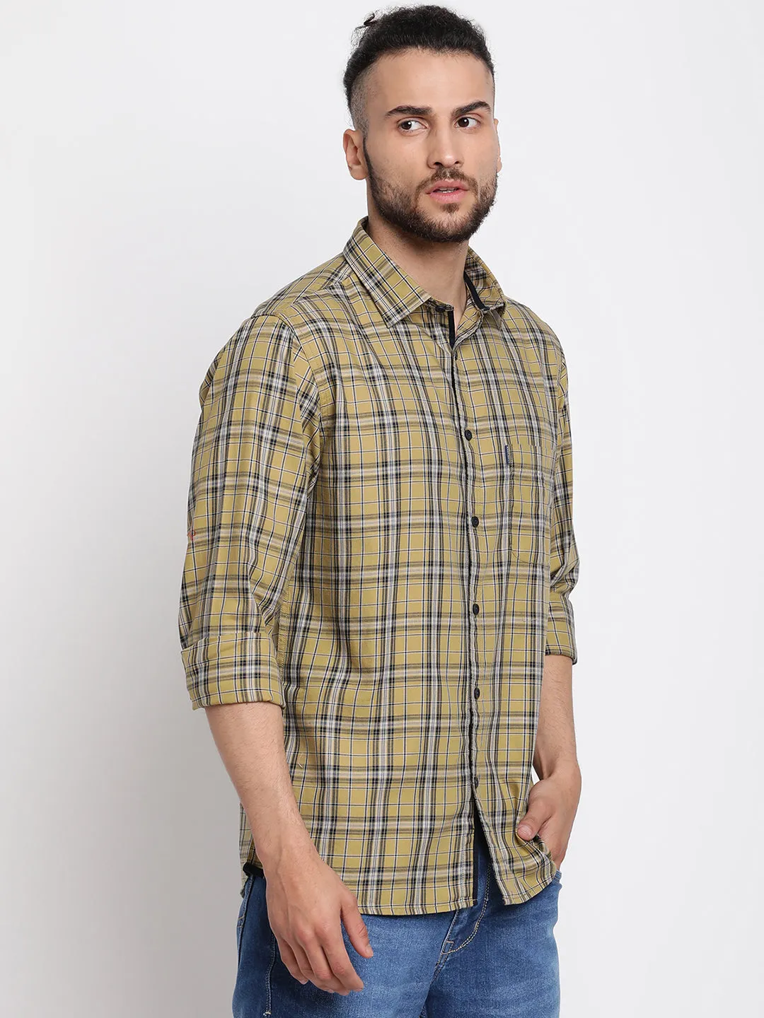 Men's Khaki Casual Medium Checks Full Sleeve Shirt