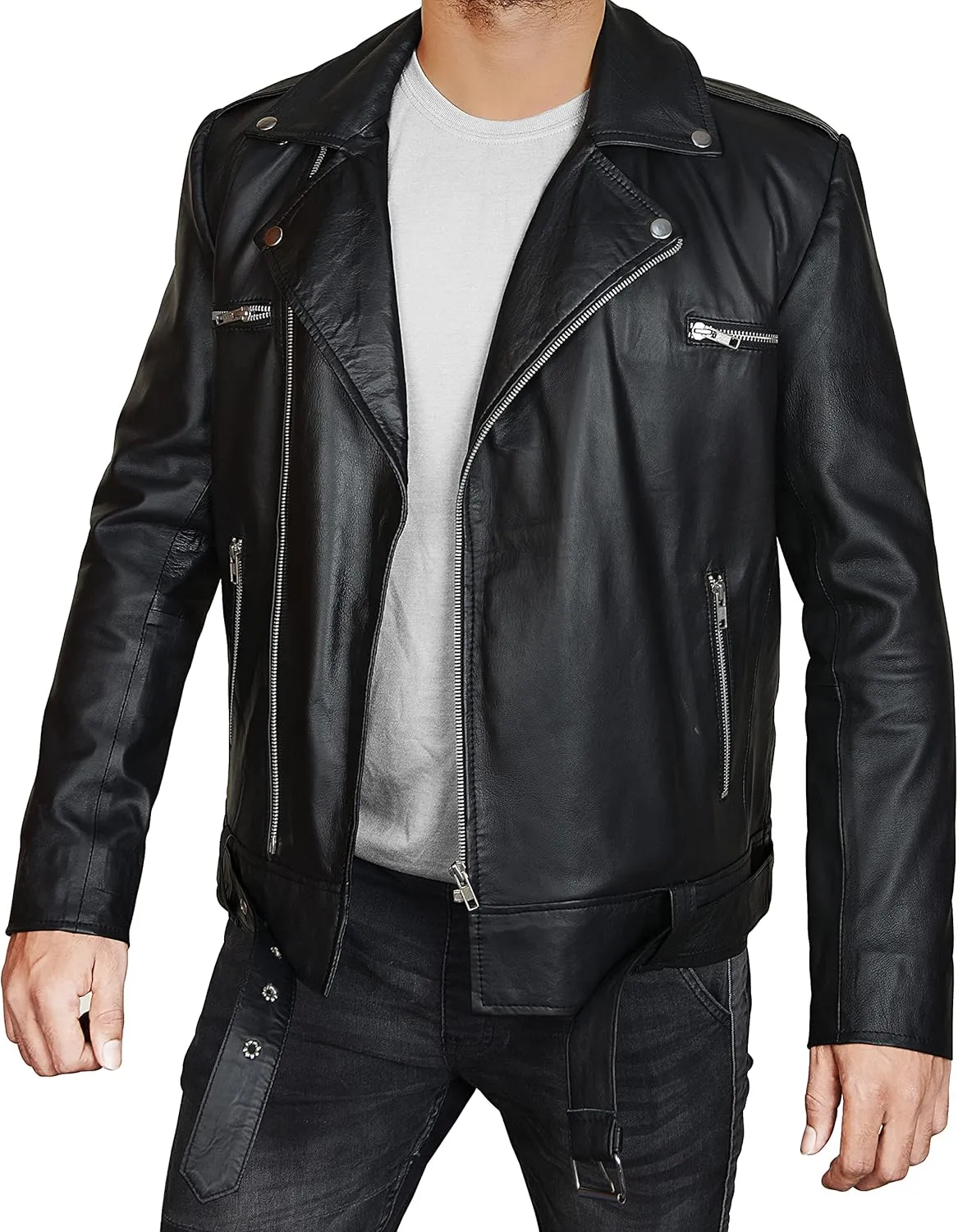 Men's Lambskin Leather Biker Jacket  Slim Fit Lapel Asymmetric Zip-Up Belt Black Motorcycle Coat