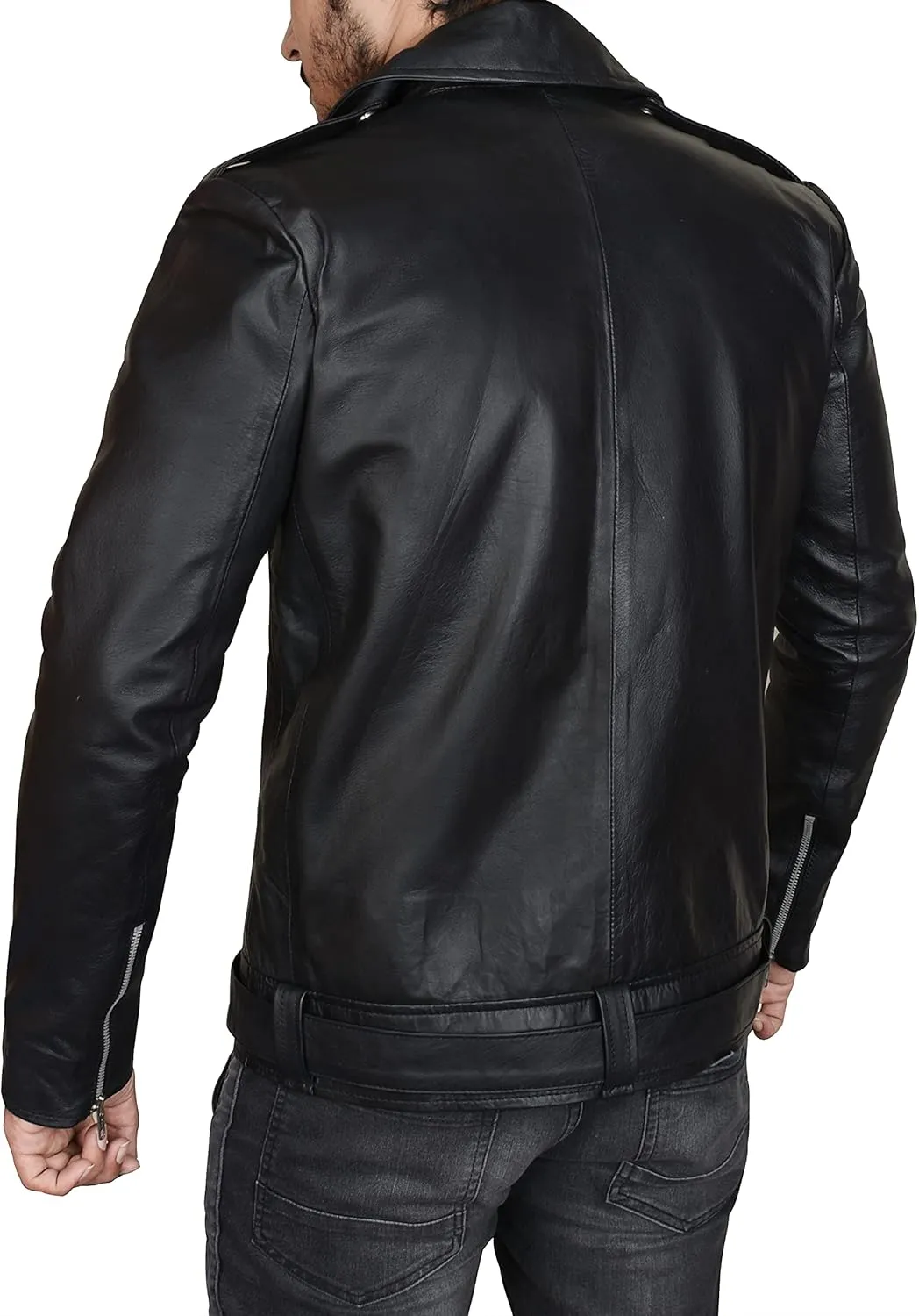 Men's Lambskin Leather Biker Jacket  Slim Fit Lapel Asymmetric Zip-Up Belt Black Motorcycle Coat