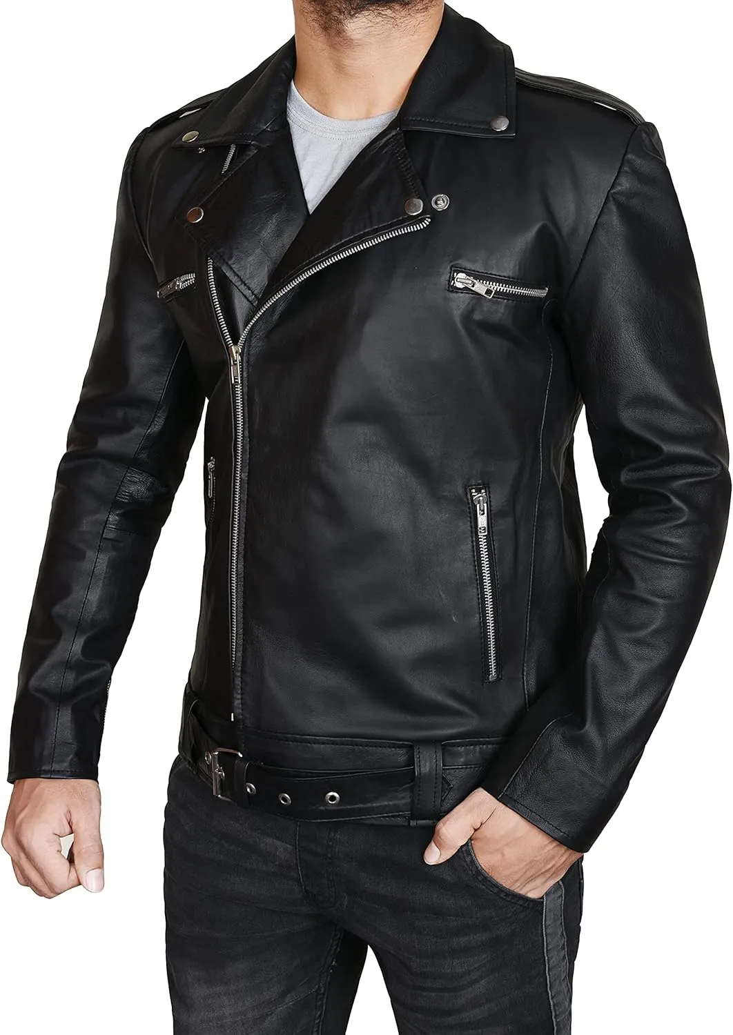 Men's Lambskin Leather Biker Jacket  Slim Fit Lapel Asymmetric Zip-Up Belt Black Motorcycle Coat