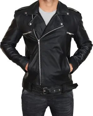 Men's Lambskin Leather Biker Jacket  Slim Fit Lapel Asymmetric Zip-Up Belt Black Motorcycle Coat