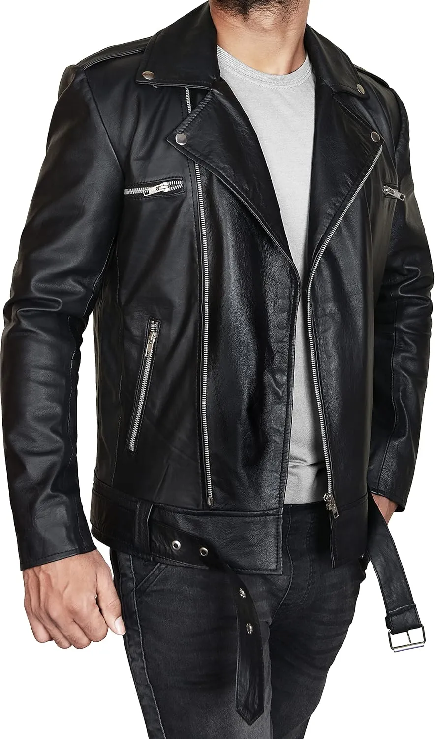 Men's Lambskin Leather Biker Jacket  Slim Fit Lapel Asymmetric Zip-Up Belt Black Motorcycle Coat