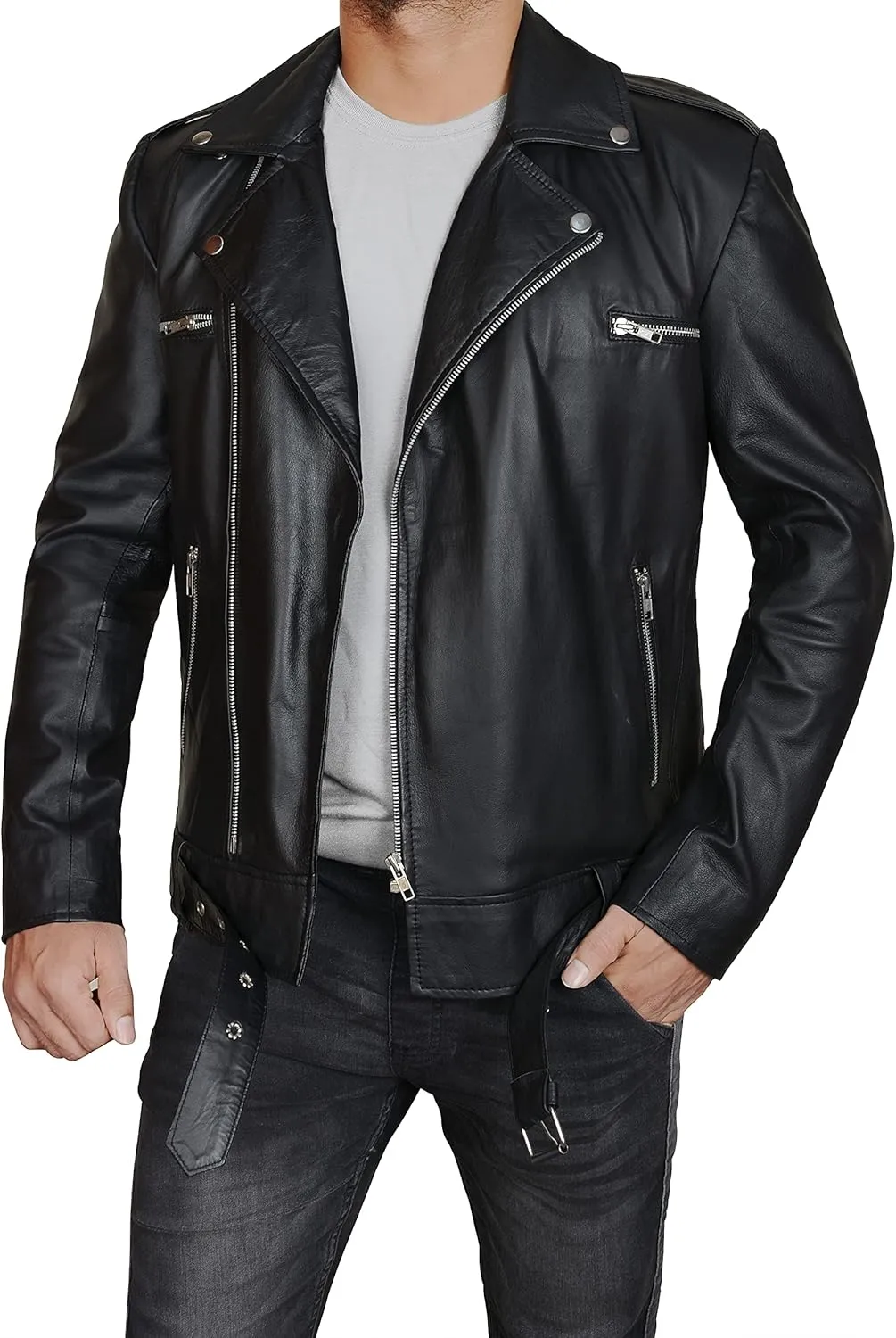 Men's Lambskin Leather Biker Jacket  Slim Fit Lapel Asymmetric Zip-Up Belt Black Motorcycle Coat