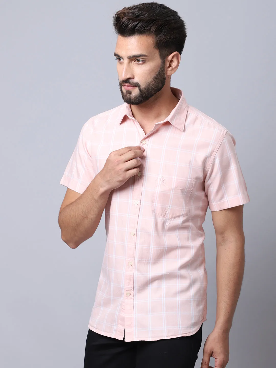 Men's Light Pink Casual Medium Checks Half Sleeve Shirt