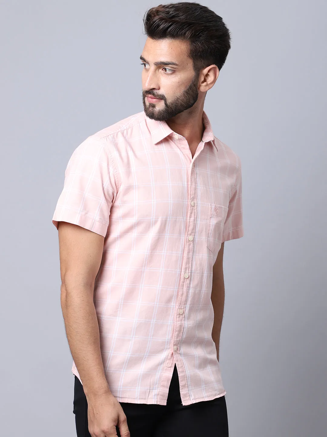 Men's Light Pink Casual Medium Checks Half Sleeve Shirt