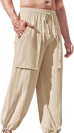 Mens Linen Cargo Pants Casual Drawstring Summer Beach Pants Elastic Waist Yoga Jogger Pants with Pockets