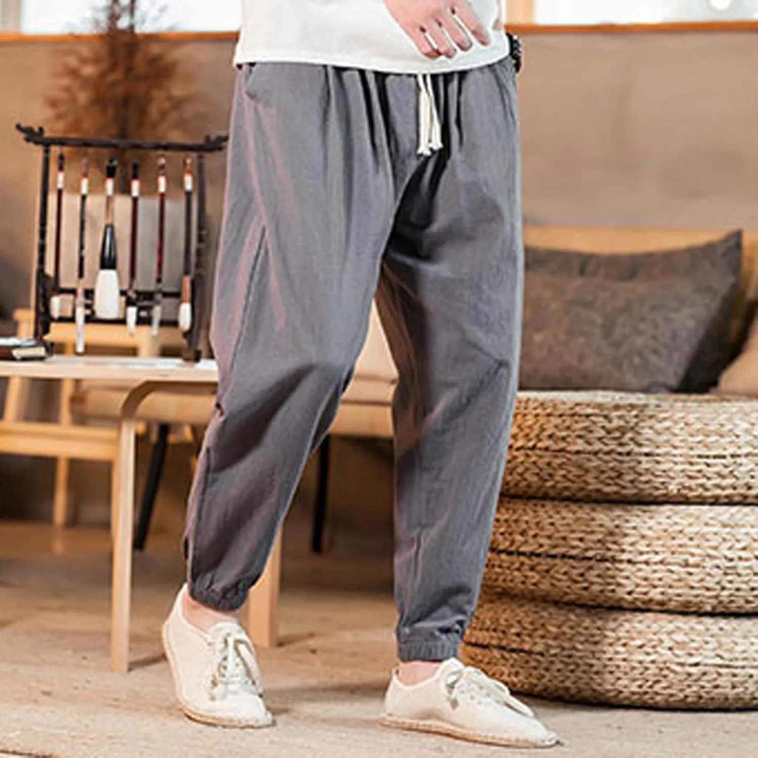 Men's Linen Jogger Pants Casual Drawstring Summer Beach Pants Elastic Waist Yoga Trousers with Pockets