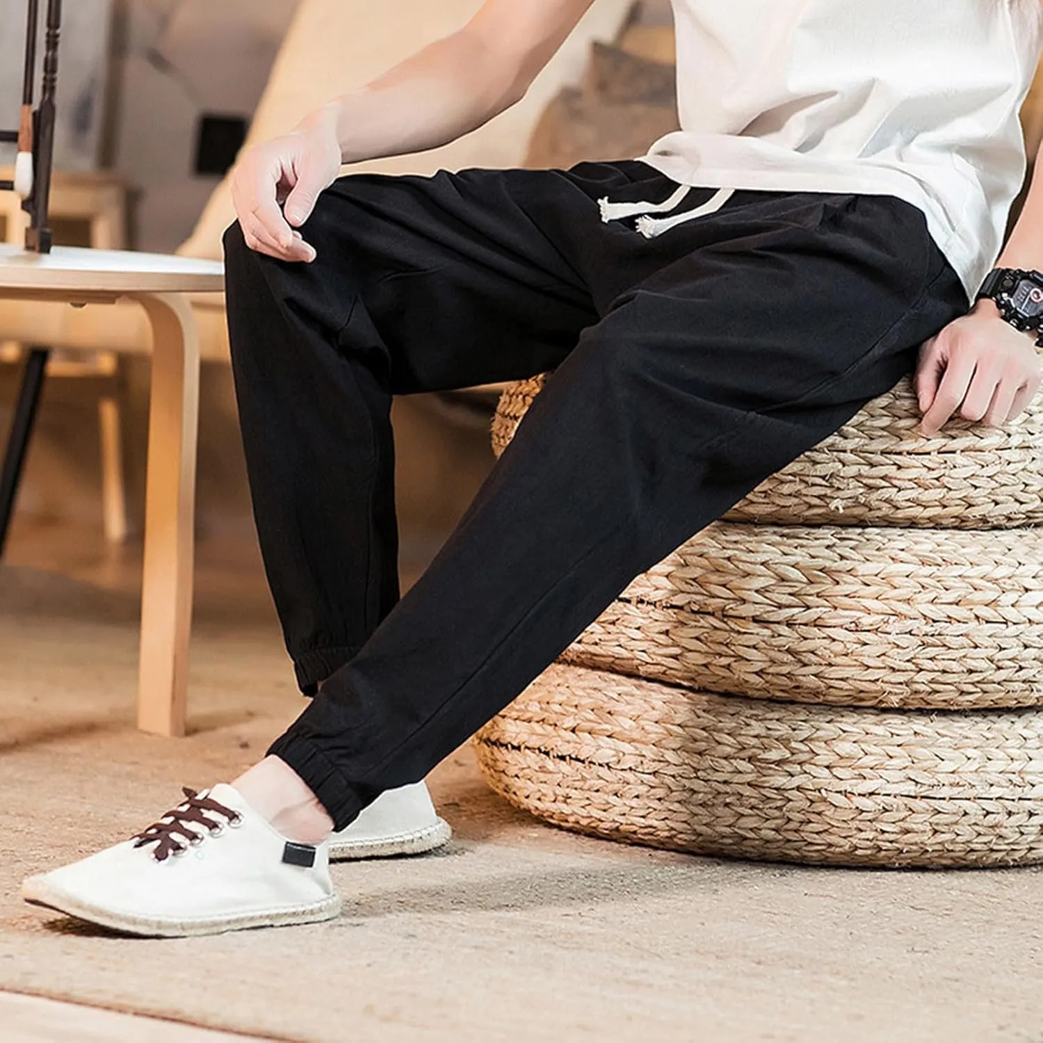 Men's Linen Jogger Pants Casual Drawstring Summer Beach Pants Elastic Waist Yoga Trousers with Pockets