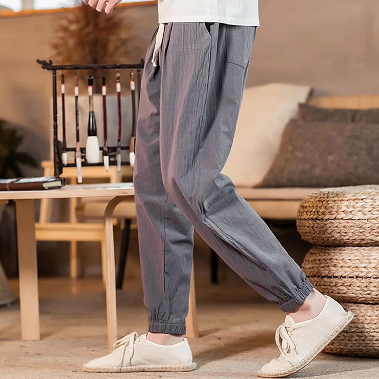 Men's Linen Jogger Pants Casual Drawstring Summer Beach Pants Elastic Waist Yoga Trousers with Pockets