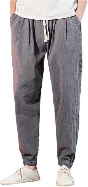 Men's Linen Jogger Pants Casual Drawstring Summer Beach Pants Elastic Waist Yoga Trousers with Pockets