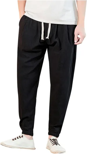 Men's Linen Jogger Pants Casual Drawstring Summer Beach Pants Elastic Waist Yoga Trousers with Pockets