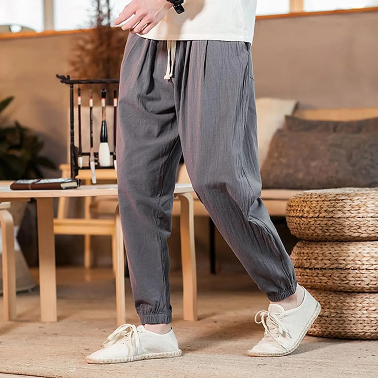 Men's Linen Jogger Pants Casual Drawstring Summer Beach Pants Elastic Waist Yoga Trousers with Pockets