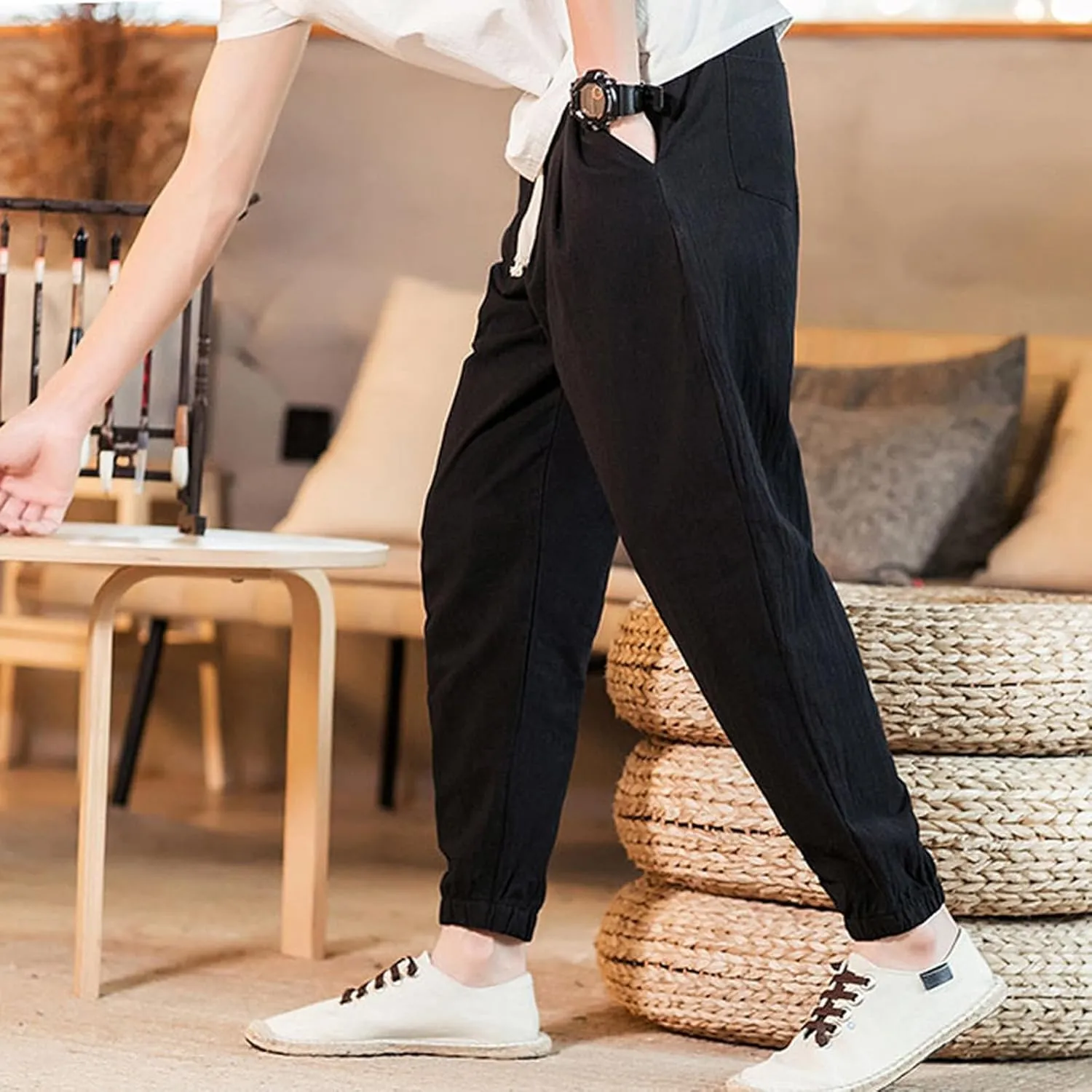 Men's Linen Jogger Pants Casual Drawstring Summer Beach Pants Elastic Waist Yoga Trousers with Pockets