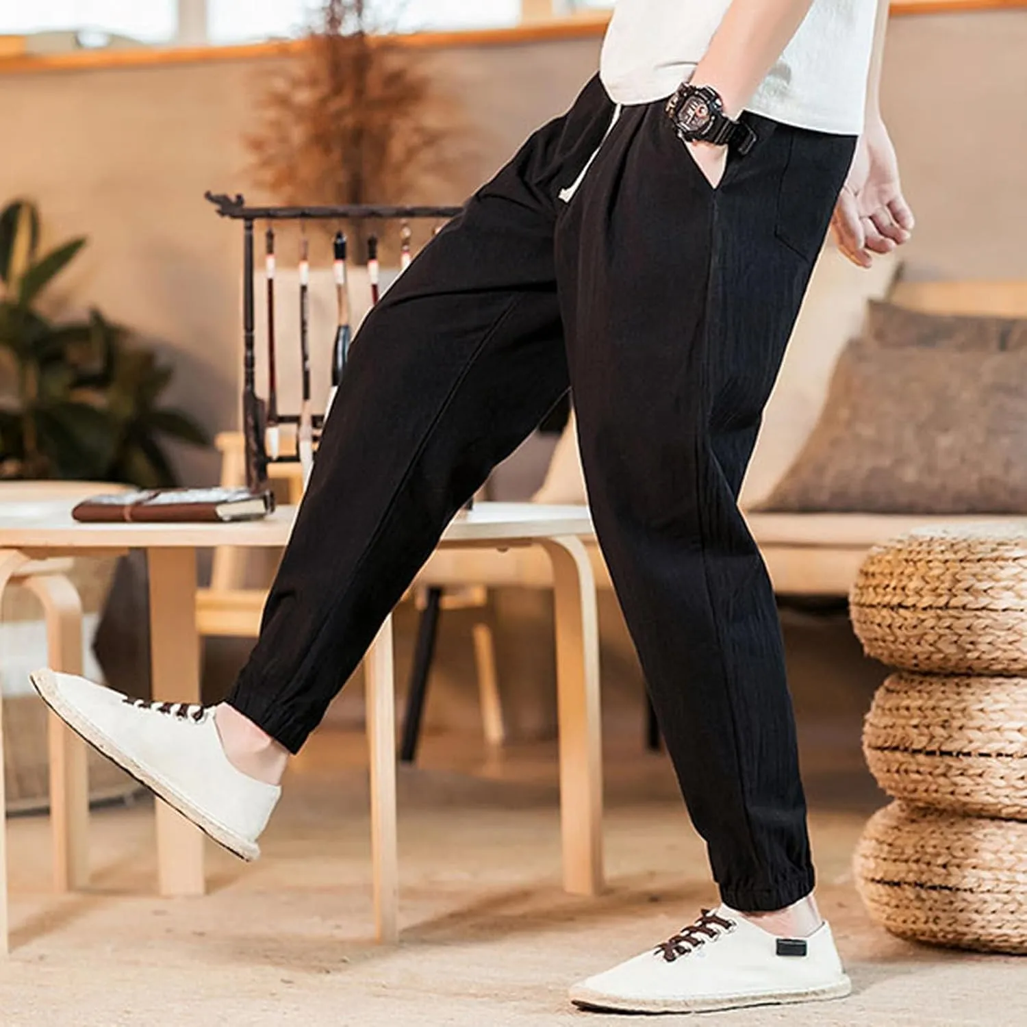Men's Linen Jogger Pants Casual Drawstring Summer Beach Pants Elastic Waist Yoga Trousers with Pockets