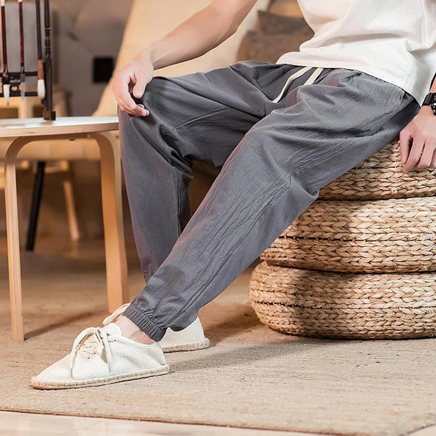 Men's Linen Jogger Pants Casual Drawstring Summer Beach Pants Elastic Waist Yoga Trousers with Pockets