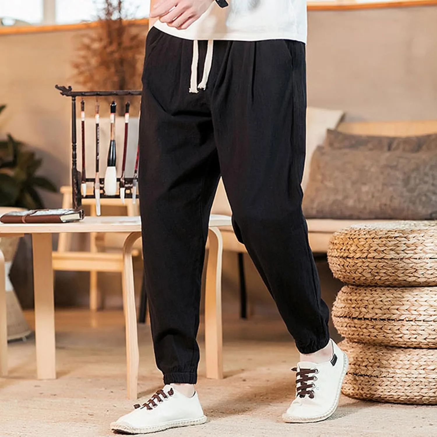 Men's Linen Jogger Pants Casual Drawstring Summer Beach Pants Elastic Waist Yoga Trousers with Pockets