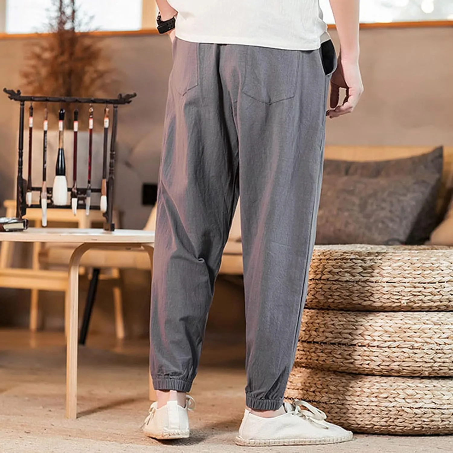 Men's Linen Jogger Pants Casual Drawstring Summer Beach Pants Elastic Waist Yoga Trousers with Pockets