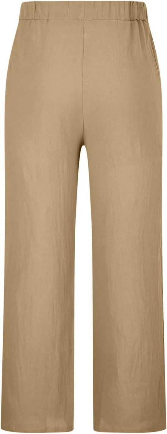 Mens Linen Wide Leg Pants Casual Drawstring Summer Beach Pants Elastic Waist Lounge Trousers with Pockets