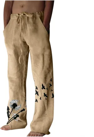 Mens Linen Wide Leg Pants Casual Drawstring Summer Beach Pants Elastic Waist Lounge Trousers with Pockets