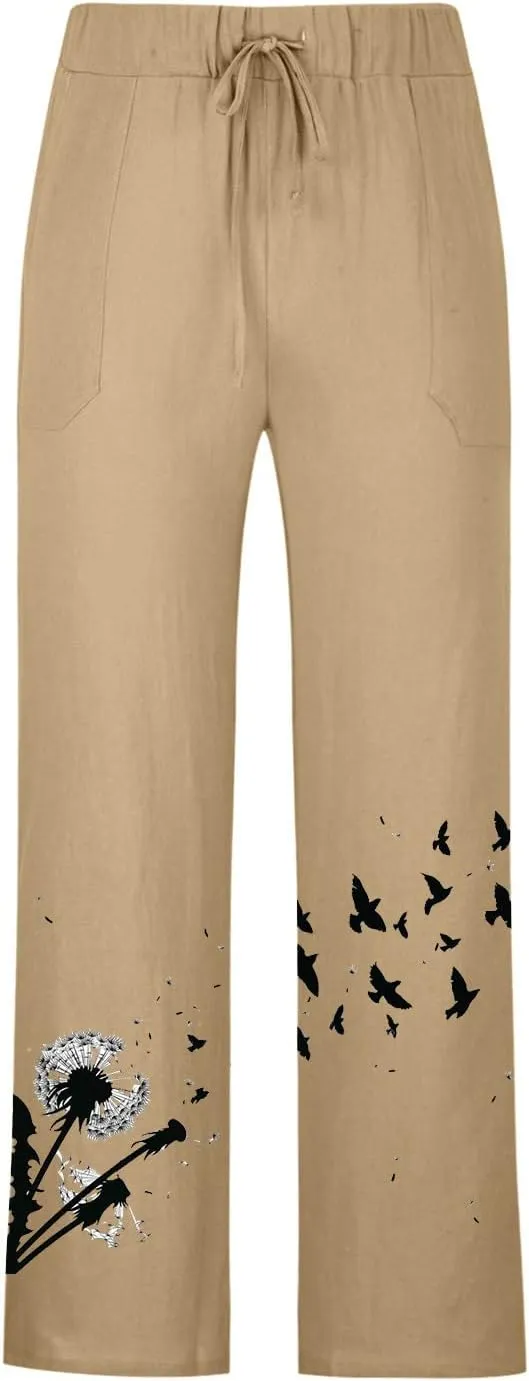Mens Linen Wide Leg Pants Casual Drawstring Summer Beach Pants Elastic Waist Lounge Trousers with Pockets