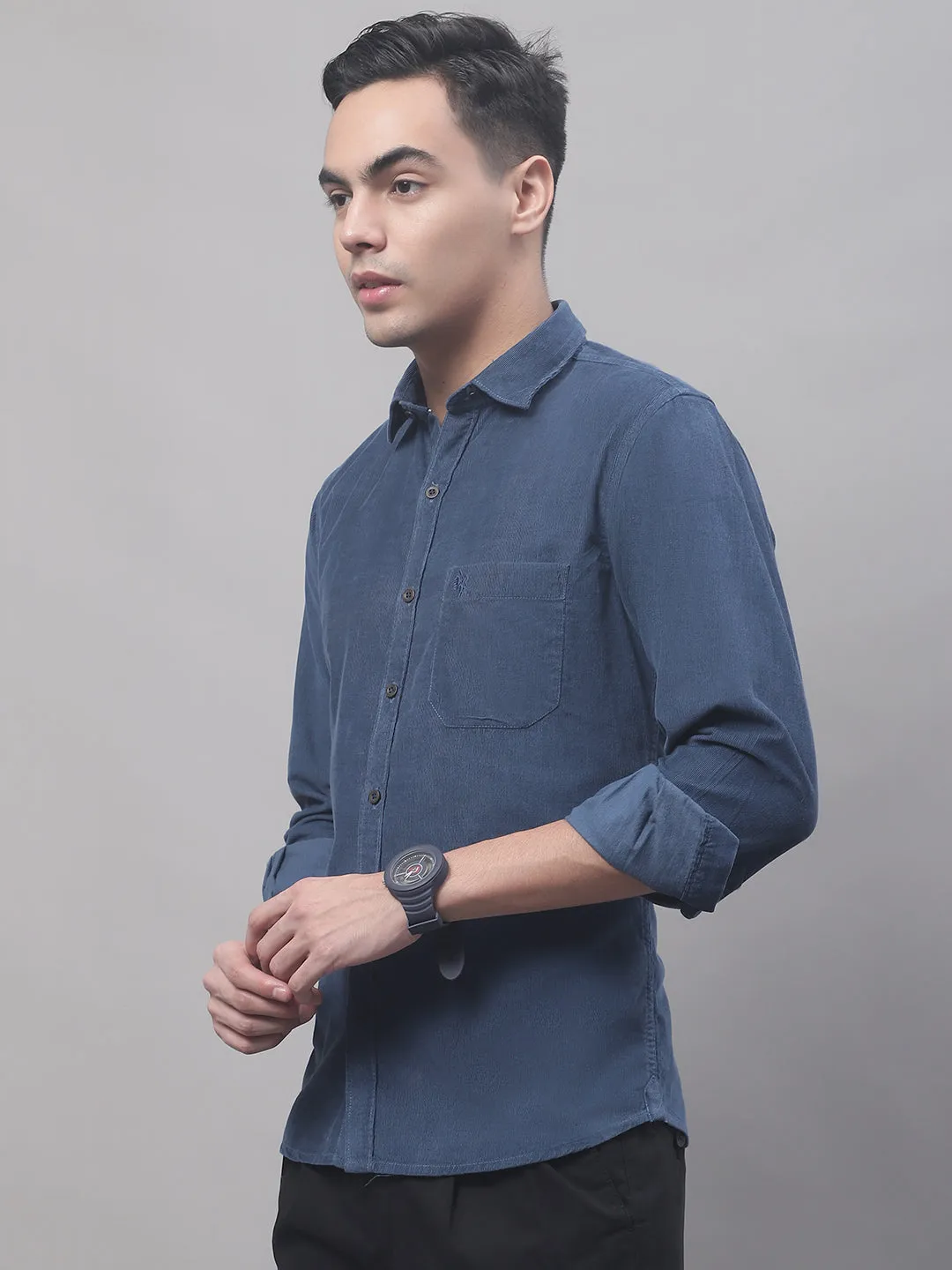 Men's Navy Blue Casual Corduroy Full Sleeve Shirt