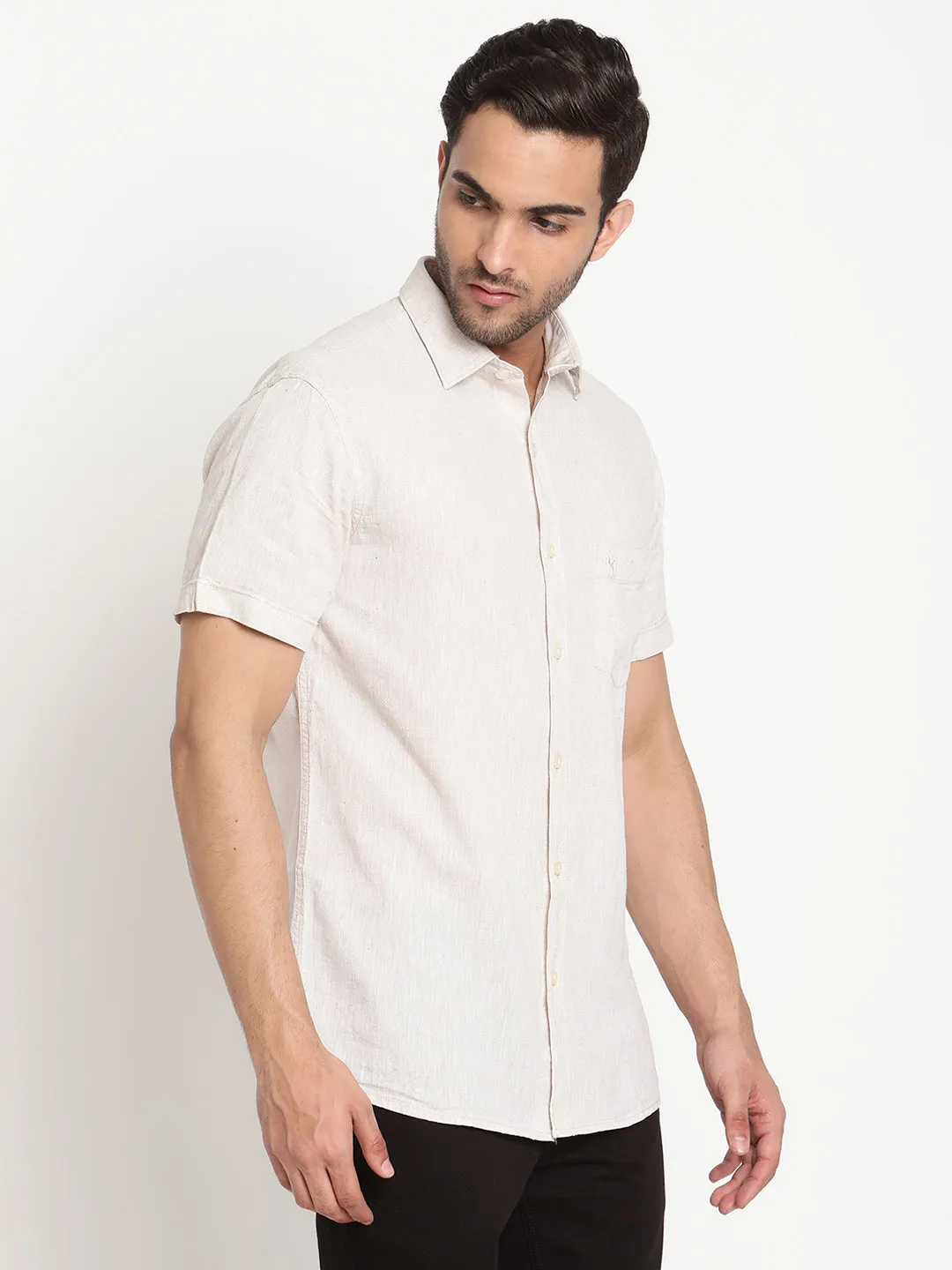 Men's Offwhite Casual Plain Half Sleeve Shirt