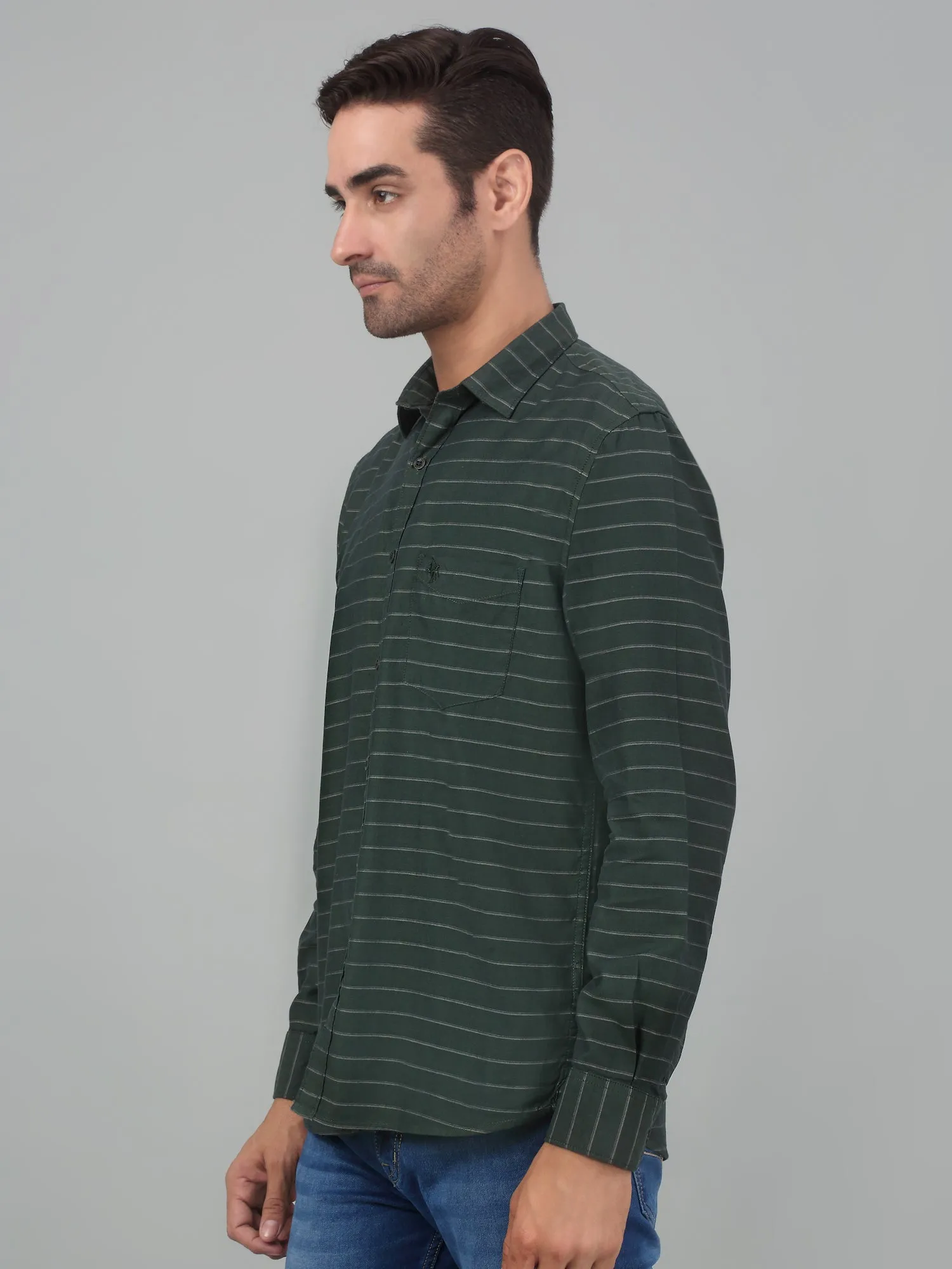 Men's Olive Green Casual Horizontal Stripe   Full Sleeve Shirt
