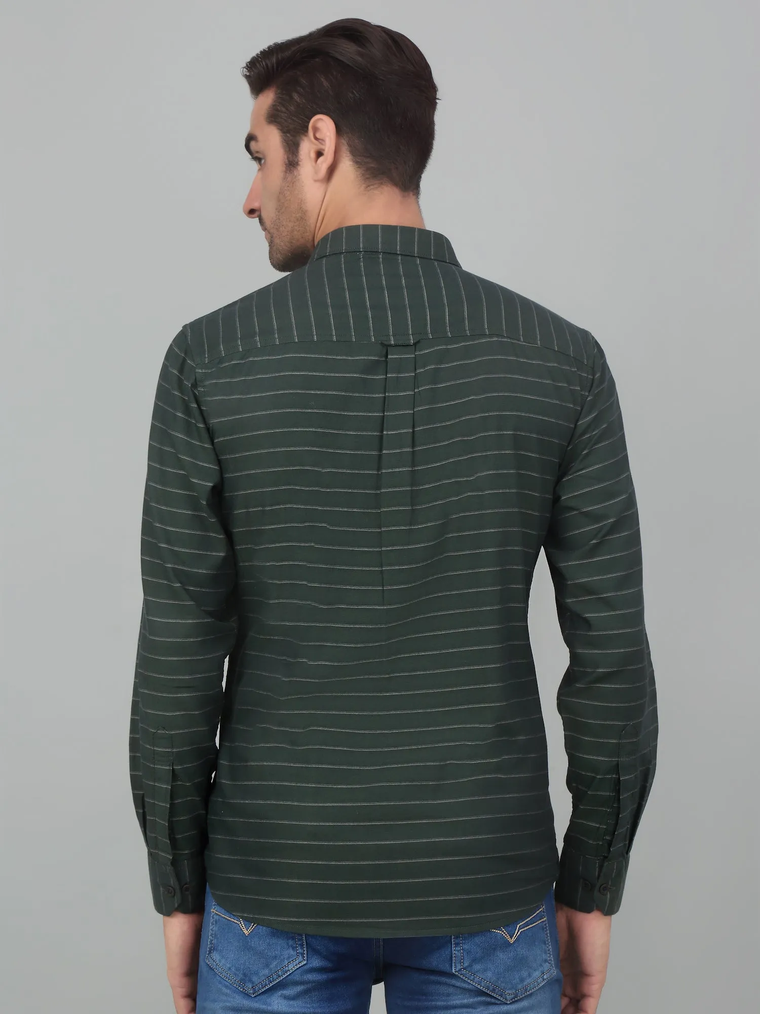 Men's Olive Green Casual Horizontal Stripe   Full Sleeve Shirt